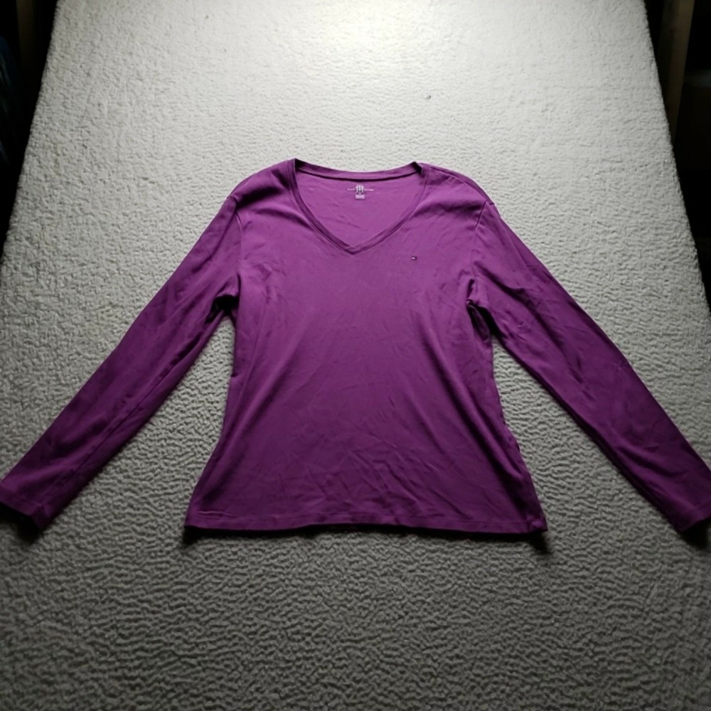 Tommy Hilfiger Shirt Womens XL Purple 100% Cotton V Neck Long Sleeve T Shirt
